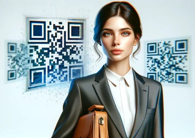 Mujer profesional con una tarjeta digital y código QR, simbolizando soluciones de networking modernas.